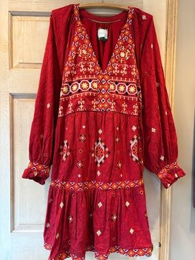 Anthropologie Red Niamh Aztec Embroidered Long-Sleeve Boho Dress 2X